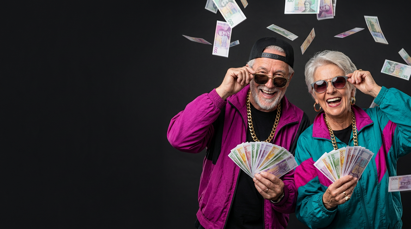 Två kaxiga seniorer i färgglada hiphopkläder, guldkedjor och solglasögon skrattar med sedelbuntar i händerna.